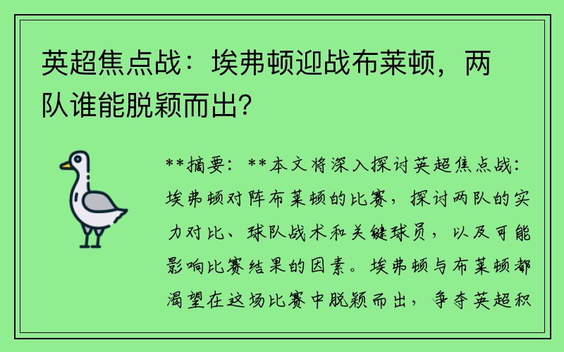 英超焦点战：埃弗顿迎战布莱顿，两队谁能脱颖而出？