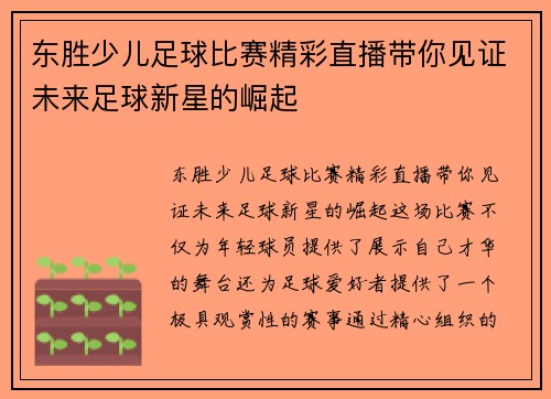 东胜少儿足球比赛精彩直播带你见证未来足球新星的崛起